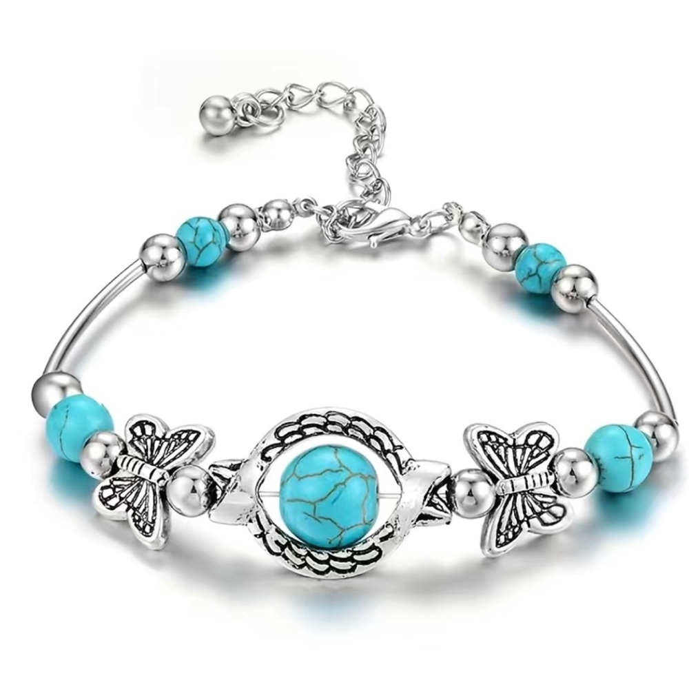 Gorgeous silver plated butterfly‎ bracelet with turquoise beads fashion j…